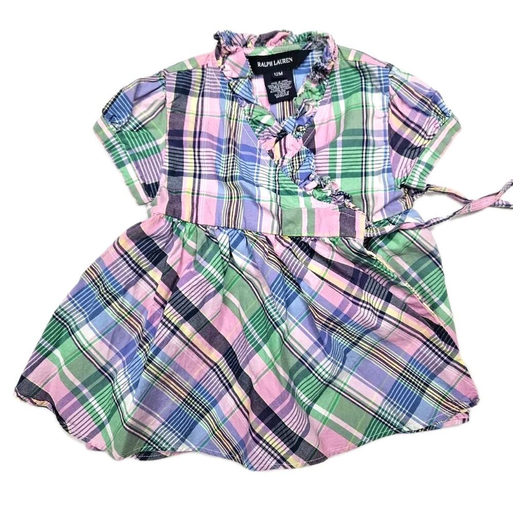 Ralph Lauren Baby Girl 12 Months Dress Pink Plaid Short Sleeve Tie Formal Fringe